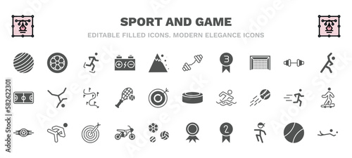 set of sport and game filled icons. sport and game glyph icons such as gym ball, ice skating, weighted bars, stretching, slalom, hockey puck, champion belt, motocross, second prize, volleyball