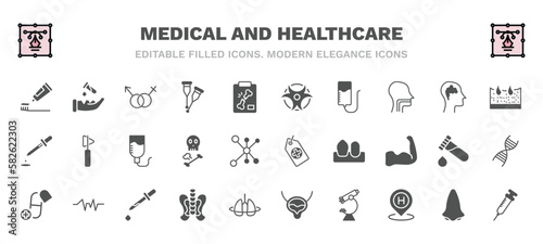 set of medical and healthcare filled icons. medical and healthcare glyph icons such as brush with tooth paste, united heterosexual, biological warning, dermis, perfusion, tag with a cross, medicine