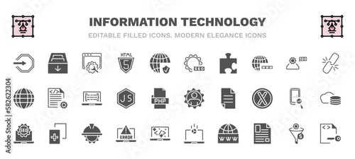 set of information technology filled icons. information technology glyph icons such as login, web optimization, image seo, broken link, code listing, seo management, seo badge, program error, web