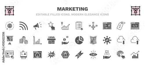 set of marketing filled icons. marketing glyph icons such as configuration, promote, result, webcode, diagrams, margin, favorite web, sale, business eye, trend vector.