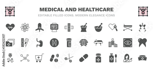 set of medical and healthcare filled icons. medical and healthcare glyph icons such as diagtic, vertebra, phary tool, pelvic area, esophagus, sternum, dead, drug pills, cure, nurse cross vector.