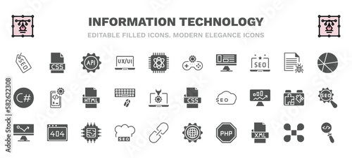set of information technology filled icons. information technology glyph icons such as seo tags, api, game development, theme, html, css, advertising bounce, seo cloud, programming language, code