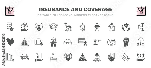 set of insurance and coverage filled icons. insurance and coverage glyph icons such as contract coverage, family insurance, long term protection, fracture, luggage license, building hospitalization,