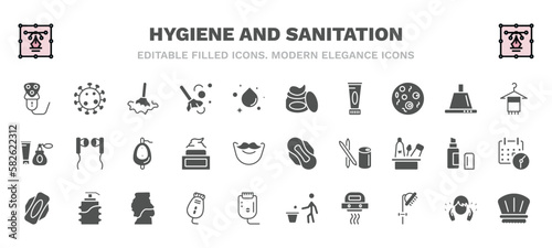 set of hygiene and sanitation filled icons. hygiene and sanitation glyph icons such as electric razor, wet cleaning, gel, face towel, urinal, sanitary napkin, hygienic pad, epilator, hand dryer,