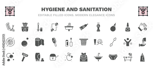set of hygiene and sanitation filled icons. hygiene and sanitation glyph icons such as grooming, toilet brush, tooth paste, drying hands, paper towel, laundry basket, bubbles, flossing, washbowl,