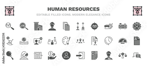 set of human resources filled icons. human resources glyph icons such as hiring, office, onboarding, skills, video conference, work team, searching, salary, curriculum vitae, interview vector.