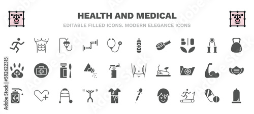 set of health and medical filled icons. health and medical glyph icons such as running, saline, punching bag, dumbbell, syrup, body, desinfectant, weightlifting, boy, condom vector.