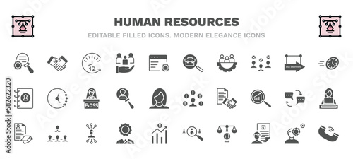set of human resources filled icons. human resources glyph icons such as due diligence, 12 hours, job, urgent, boss, problems, curriculum, administrator, benchmarking, call vector.