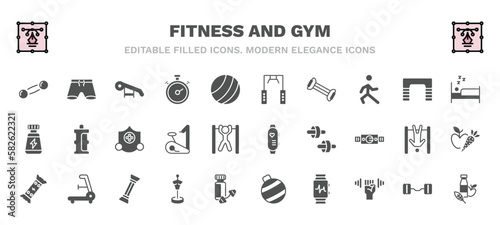 set of fitness and gym filled icons. fitness and gym glyph icons such as dumbbells bar, press simulator, training apparatus, sleep, elevation mask, sport watch, energy snack, boxing mannequin,