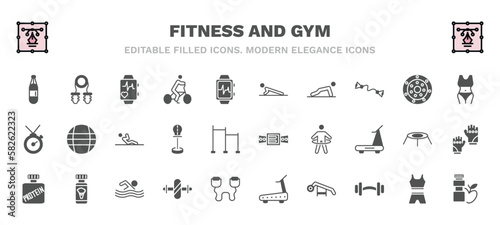 set of fitness and gym filled icons. fitness and gym glyph icons such as boxing bag, pulsometer, push up, fitness body, abdominal exercises, athletic strap, protein, gymnastic roller, simulator for