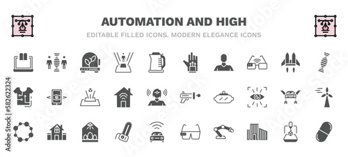 set of automation and high filled icons. automation and high glyph icons such as online learning, incubator, wired gloves, dna structure, hologram, blaster, nanotechnology, chainsaw, robot arm,