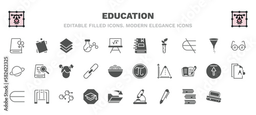 set of education filled icons. education glyph icons such as fraternity, arrange, notebook with bookmark, studying glasses, book and magnifier, mie, various files, chemical formula, biology