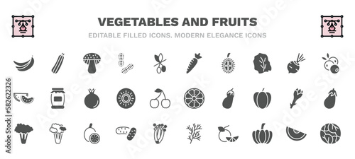 set of vegetables and fruits filled icons. vegetables and fruits glyph icons such as banana, mushroom, horseradish, blueberry, pomegranate, orange, broccoli, potatoes, tangerine, cabbage vector.