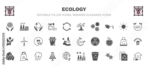 set of ecology filled icons. ecology glyph icons such as save the earth, save water, tree with many leaves, natural product, sustainability, 100 percent natural, coal, solar energy, recycle bin, eco