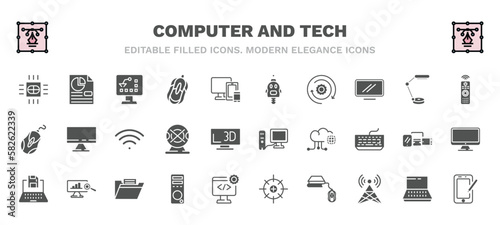 set of computer and tech filled icons. computer and tech glyph icons such as computer micro chip, industrial, robotics, tv controller, wi fi, work station, save file, pc tower, book and mouse,