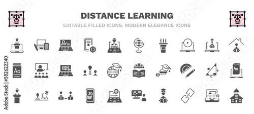 set of distance learning filled icons. distance learning glyph icons such as online coaching, computer-based training, geography, homework, elearning, learning, lecture, mobile studying, daycare