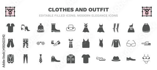 set of clothes and outfit filled icons. clothes and outfit glyph icons such as henley shirt, knit hat with pom pom, long sleeveless dress, circle skirt, shutter sunglasses, jersey blazer, oxford