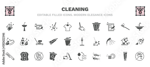 set of cleaning filled icons. cleaning glyph icons such as hands cleanin, window cleanin, dustpan cleanin, sink, lawn mower, vacuum, comb wiping trash container, clean cars, no water vector.