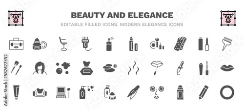 set of beauty and elegance filled icons. beauty and elegance glyph icons such as big makeup box, beauty salon chair, concealer, tint brush, foam, aroma, cream tube, shampoo bottle, cucumber slices