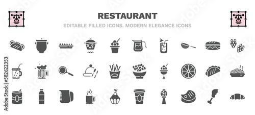 set of restaurant filled icons. restaurant glyph icons such as pita bread, nachos plate, coffe pot, strawberry drawing, frying pan from top, bowl of olives, mermelade tin, hot mug, candy balls,
