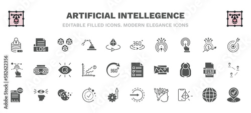 set of artificial intellegence filled icons. artificial intellegence glyph icons such as data security, hexagons, 360 degrees, goals, view, survey, page views, availability, intelligence, visit
