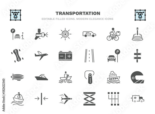 set of transportation filled icons. transportation glyph icons such as parking men, ship wheel, delivery bike, planes, car parking, yacht navigate, ferry, slim, lifter, carrier vector.