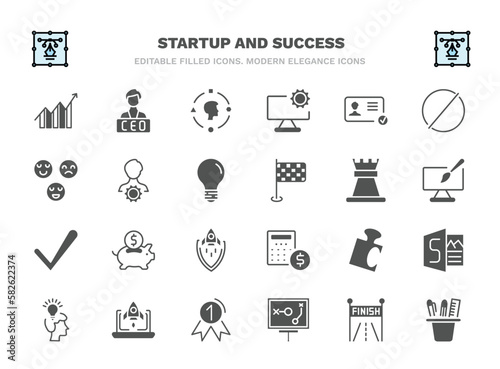 set of startup and success filled icons. startup and success glyph icons such as increase, user experience, identity, management, rook, piggybank, jigsaw, startup laptop, strategy sketch, stationery
