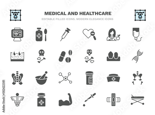 set of medical and healthcare filled icons. medical and healthcare glyph icons such as heart rate monitor, syringe with medicine, nutrionist, skull and bone, canine, medicines bowl, nurse cross,