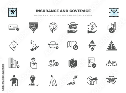 set of insurance and coverage filled icons. insurance and coverage glyph icons such as payment protection, repair, investment insurance, overturned vehicle, replacement value, delivery contract