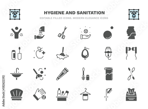 set of hygiene and sanitation filled icons. hygiene and sanitation glyph icons such as body odour, nail scissors, bubble, food hygiene, depilator, dust cleaning, detergent dose, drying hands, face