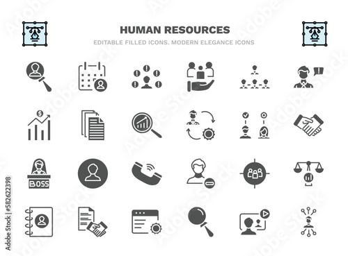 set of human resources filled icons. human resources glyph icons such as candidate, problems, company structure, files, onboarding, profiles, target audience, contract, searching, multitask vector.