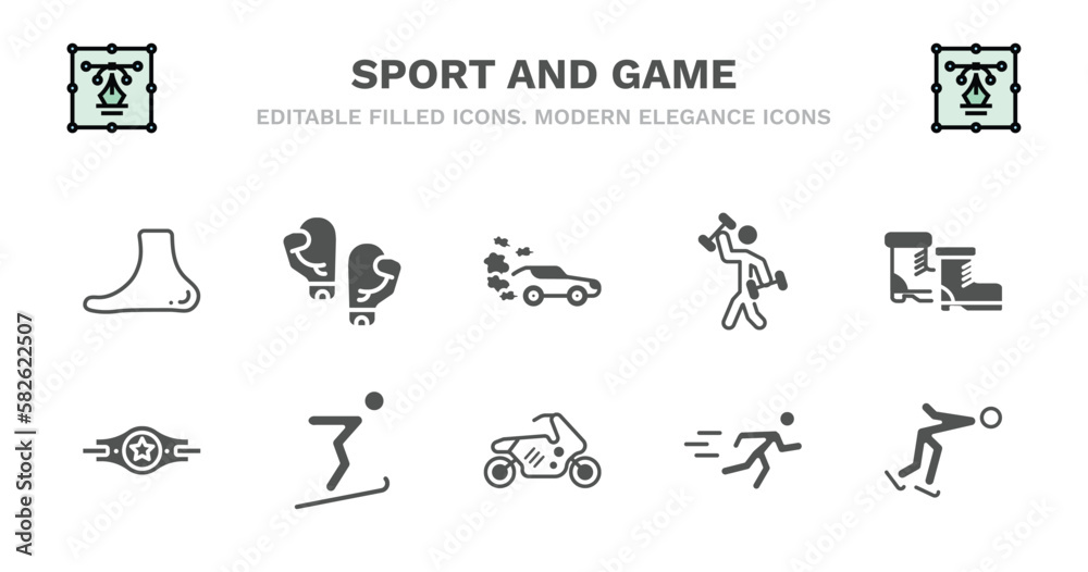 set of sport and game filled icons. sport and game glyph icons such as two boxing gloves, drift car, excersice, ski boots, champion belt, champion belt, jumping ski, race bike, man sprinting, ice