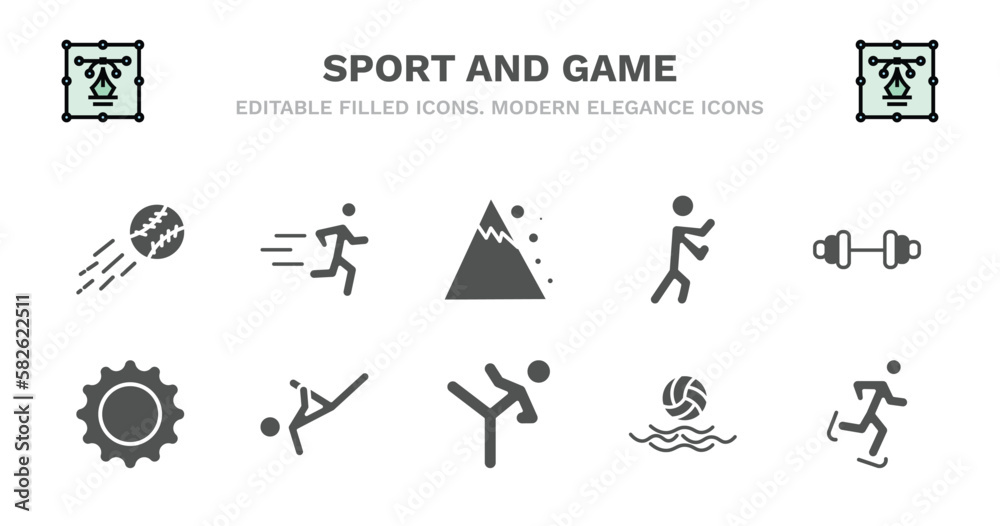 set of sport and game filled icons. sport and game glyph icons such as excercise, snow slide zone, man punching, gym weight, equipment, equipment, capoeira, taekwondo, waterpolo, ice skating vector.