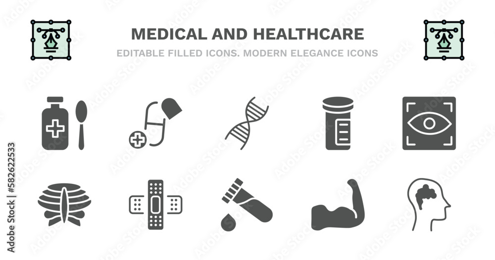 set of medical and healthcare filled icons. medical and healthcare glyph icons such as medicine capsules, medical chain of dna, pills jar, eye scanner sternum, sternum, sticking plaster, blood set of medical and healthcare filled icons. medical and healthcare glyph icons such as medicine capsules, medical chain of dna, pills jar, eye scanner sternum, sternum, sticking plaster, blood