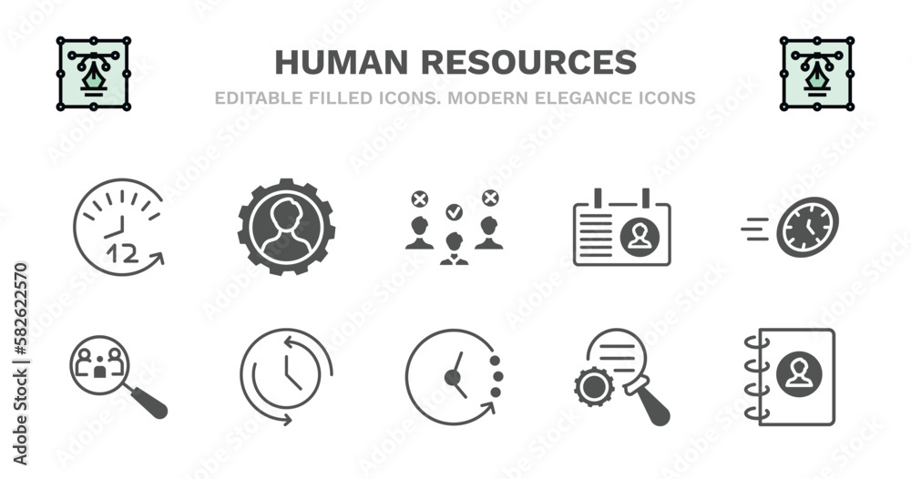 set of human resources filled icons. human resources glyph icons such as skills, selection process, personal profile, urgent, hiring, hiring, time, timing, due diligence, contact vector. set of human resources filled icons. human resources glyph icons such as skills, selection process, personal profile, urgent, hiring, hiring, time, timing, due diligence, contact vector.