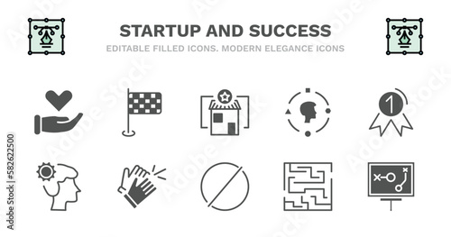 set of startup and success filled icons. startup and success glyph icons such as finish flag, franchise, user experience, first, strategy thought, strategy thought, clap, restrict, strategy in a