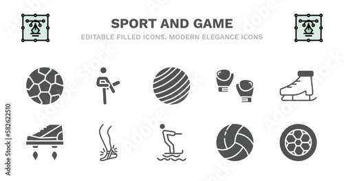 set of sport and game filled icons. sport and game glyph icons such as pencak silat, gym ball, boxing glove, ice skates, flying shoes, flying shoes, sprained ankle, jet surfing, volleyball ball,