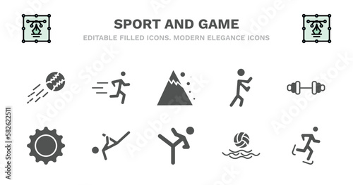 set of sport and game filled icons. sport and game glyph icons such as excercise, snow slide zone, man punching, gym weight, equipment, equipment, capoeira, taekwondo, waterpolo, ice skating vector.