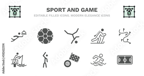 set of sport and game filled icons. sport and game glyph icons such as football ball, breakdance, biathlon, slalom, fisher fishing, fisher fishing, left bend, motor sports, swimming figure,