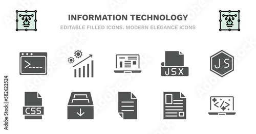 set of information technology filled icons. information technology glyph icons such as seo growth, program interface, jsx, js, css file format, css file format, archive, page, article, clean code