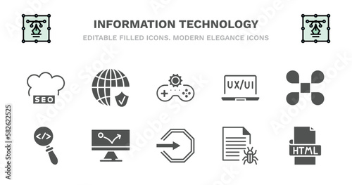 set of information technology filled icons. information technology glyph icons such as secured network, game development, ux de, command, code review, code review, advertising bounce, login, bug