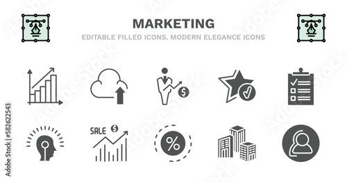 set of marketing filled icons. marketing glyph icons such as upload to cloud, salesman, recommendation, checklist, potential, potential, sales, ratio, enterprise, consumer vector.