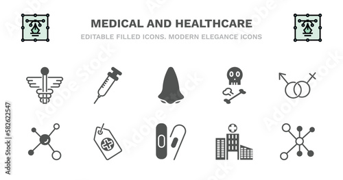 set of medical and healthcare filled icons. medical and healthcare glyph icons such as syringe with medicine, l, skull and bone, united heterosexual, molecular configuration, molecular