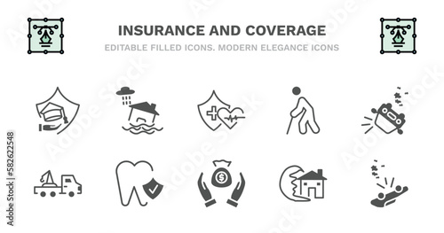 set of insurance and coverage filled icons. insurance and coverage glyph icons such as inundation, health insurance, retirement, overturned car, towed car, towed car, dental savings, tsunami