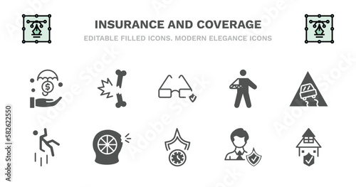set of insurance and coverage filled icons. insurance and coverage glyph icons such as fracture, glasses insurance, broken arm, slippery road, falling, falling, puncture in a wheel, long term