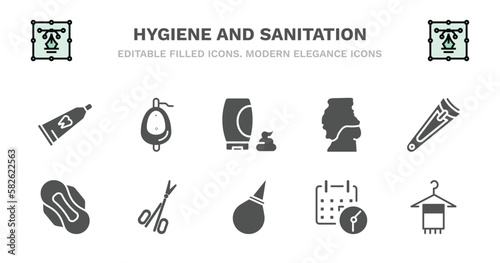 set of hygiene and sanitation filled icons. hygiene and sanitation glyph icons such as urinal, shaving gel, body shaming, nail clippers, sanitary napkin, sanitary napkin, nail scissors, l aspirator,