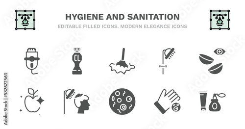 set of hygiene and sanitation filled icons. hygiene and sanitation glyph icons such as chlorine, wet cleaning, douche, lens, food hygiene, food hair washing, microbes, drying hands, cosmetics