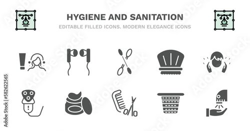set of hygiene and sanitation filled icons. hygiene and sanitation glyph icons such as ear buds, cotton, shower cap, face washer, electric razor, electric razor, gel, grooming, laundry basket, dryer