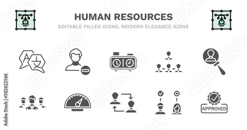 set of human resources filled icons. human resources glyph icons such as remove user, chess clock, company structure, candidate, work team, work team, balanced scorecard, change personal,