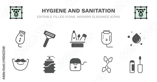 set of hygiene and sanitation filled icons. hygiene and sanitation glyph icons such as shaving razor, hygiene kit, epliator, purity, beardy, beardy, pump bottle, flossing, cotton swabs, dolled up